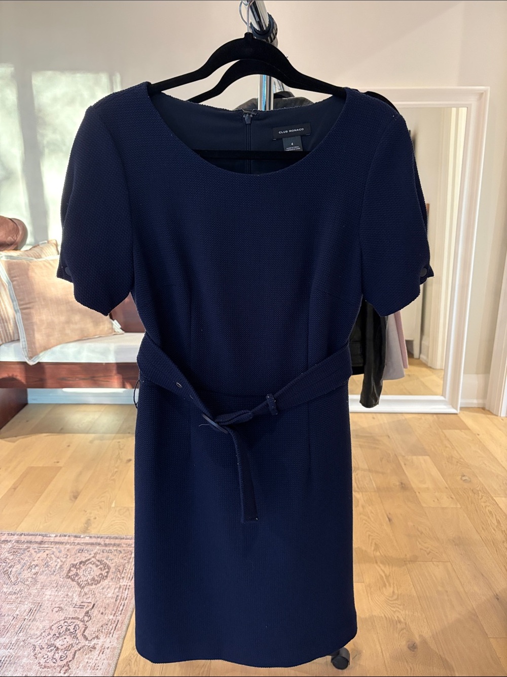 Club Monaco Navy Short-Sleeve Belted Midi Dress